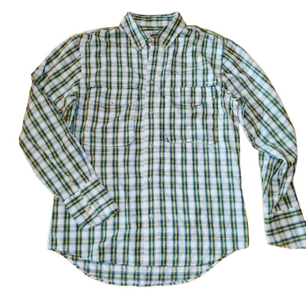 Filson mens Nylon Plaid Stripes Blue/Yellow Fishing Hiking Vented Shirt Size S